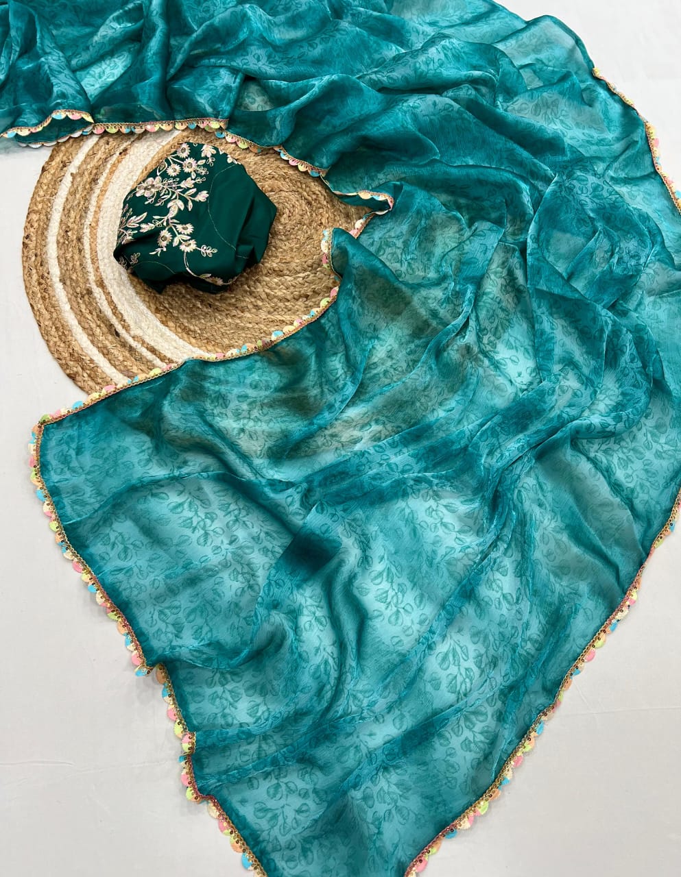 raama blue Pure Soft Silk Saree with Digital Print & Cutwork Lace Border by women shoppee