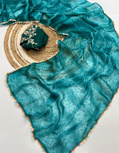 raama blue Pure Soft Silk Saree with Digital Print & Cutwork Lace Border by women shoppee