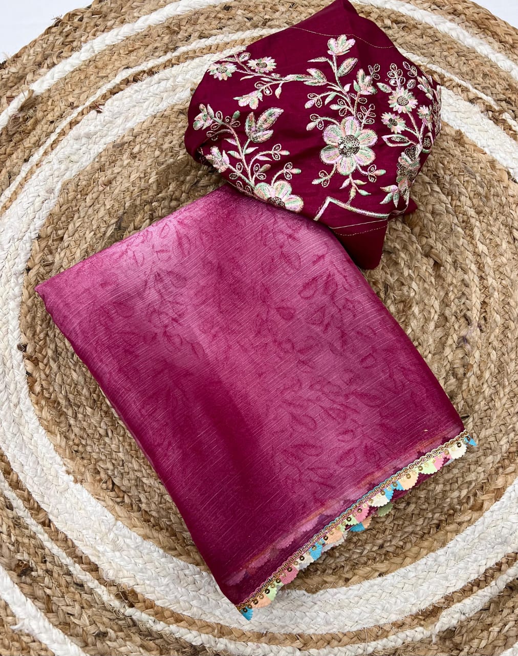 wine Pure Soft Silk Saree with Digital Print & Cutwork Lace Border by women shoppee