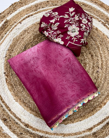 wine Pure Soft Silk Saree with Digital Print & Cutwork Lace Border by women shoppee
