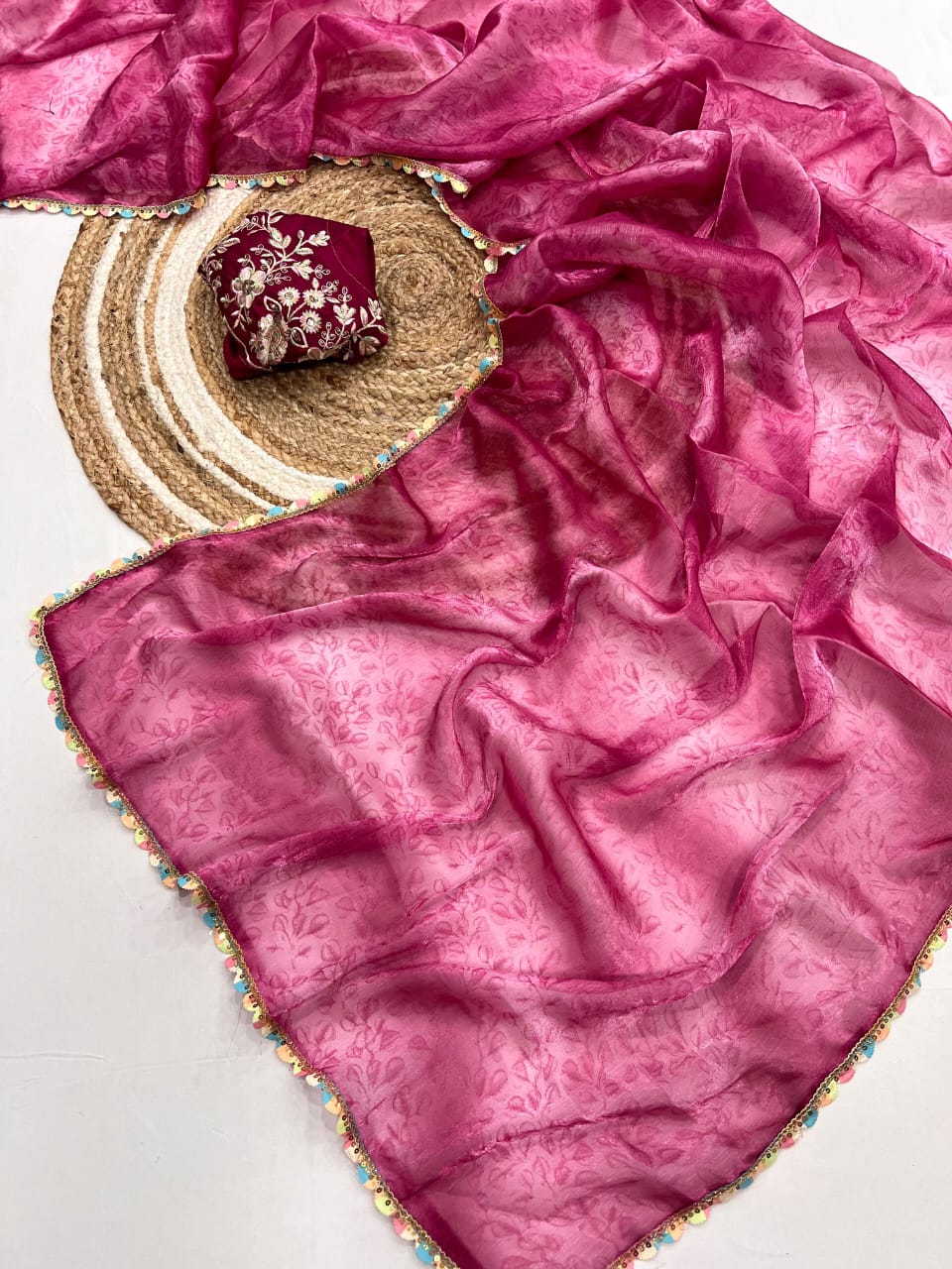 wine Pure Soft Silk Saree with Digital Print & Cutwork Lace Border by women shoppee