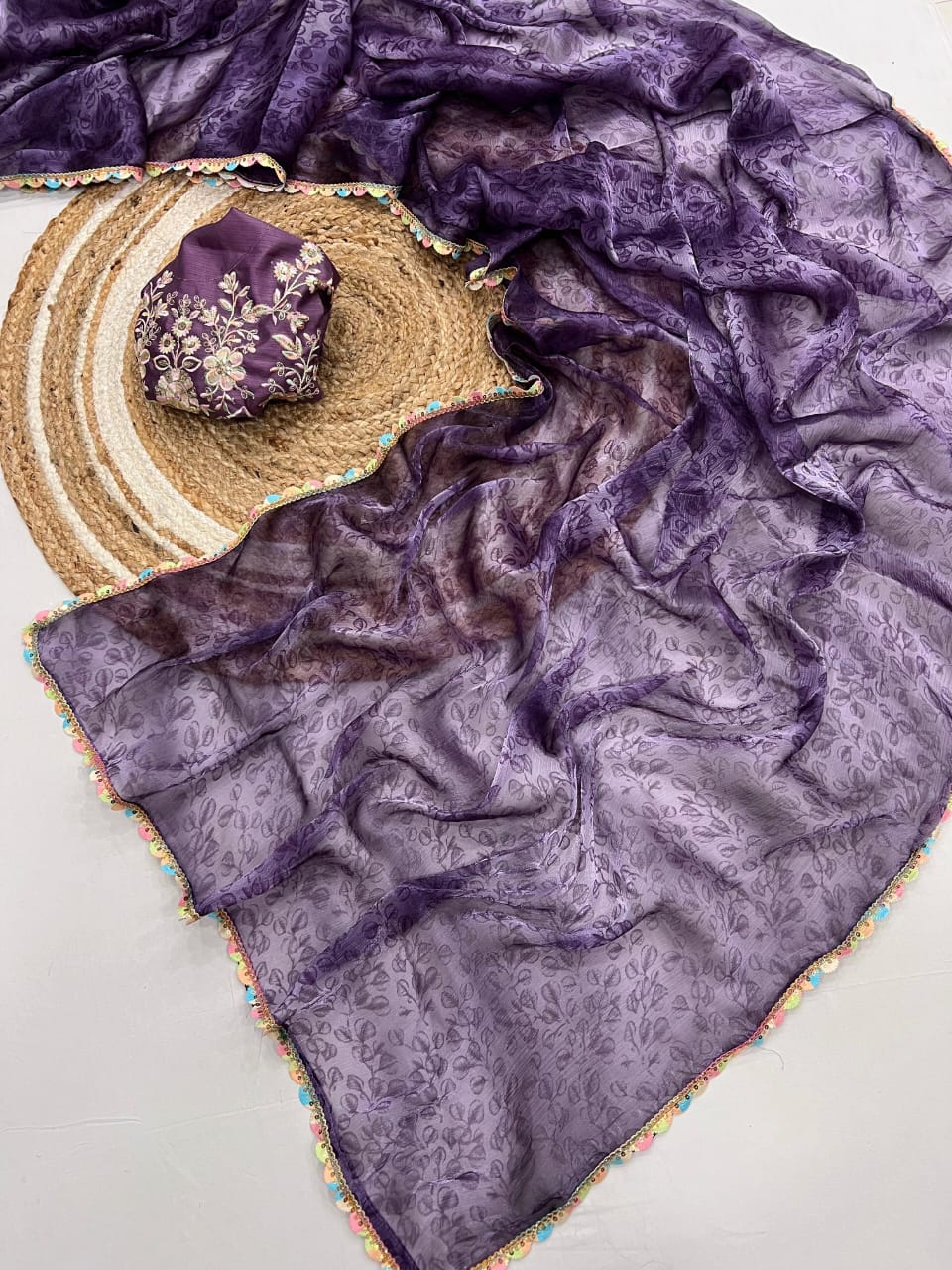 violet Soft Silk Saree with Digital Print & Cutwork Lace Border by women shoppee