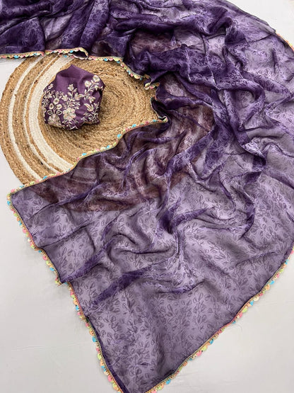 violet Soft Silk Saree with Digital Print & Cutwork Lace Border by women shoppee