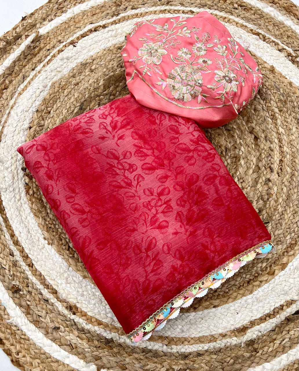 red Pure Soft Silk Saree with Digital Print & Cutwork Lace Border by women shoppee