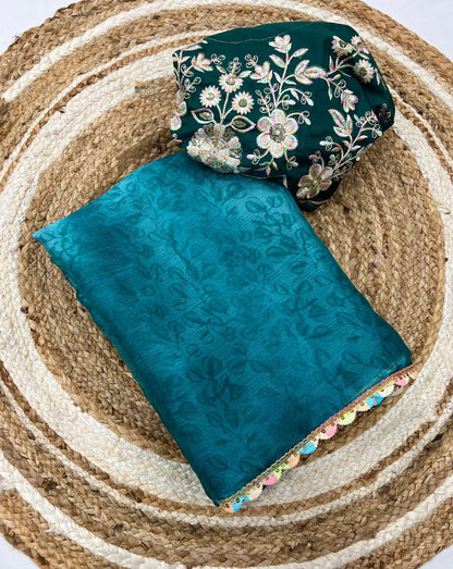 raama blue Pure Soft Silk Saree with Digital Print & Cutwork Lace Border by women shoppee