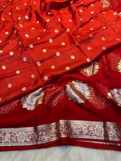 red Pure Viscose Georgette Red Saree with Golden Zari Weaving by women shoppee