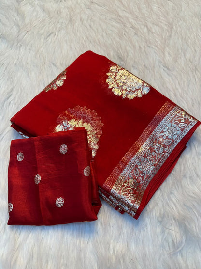 red Pure Viscose Georgette Red Saree with Golden Zari Weaving by women shoppee