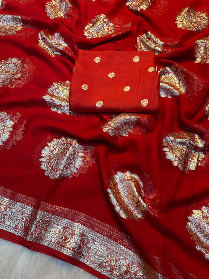 red Pure Viscose Georgette Red Saree with Golden Zari Weaving by women shoppee