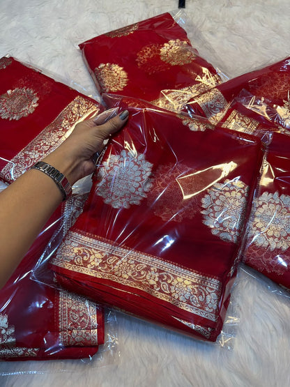 red Pure Viscose Georgette Red Saree with Golden Zari Weaving by women shoppee