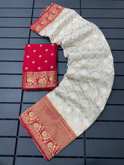 red and white Pure Khadi Silk Zari Woven Saree by women shoppee