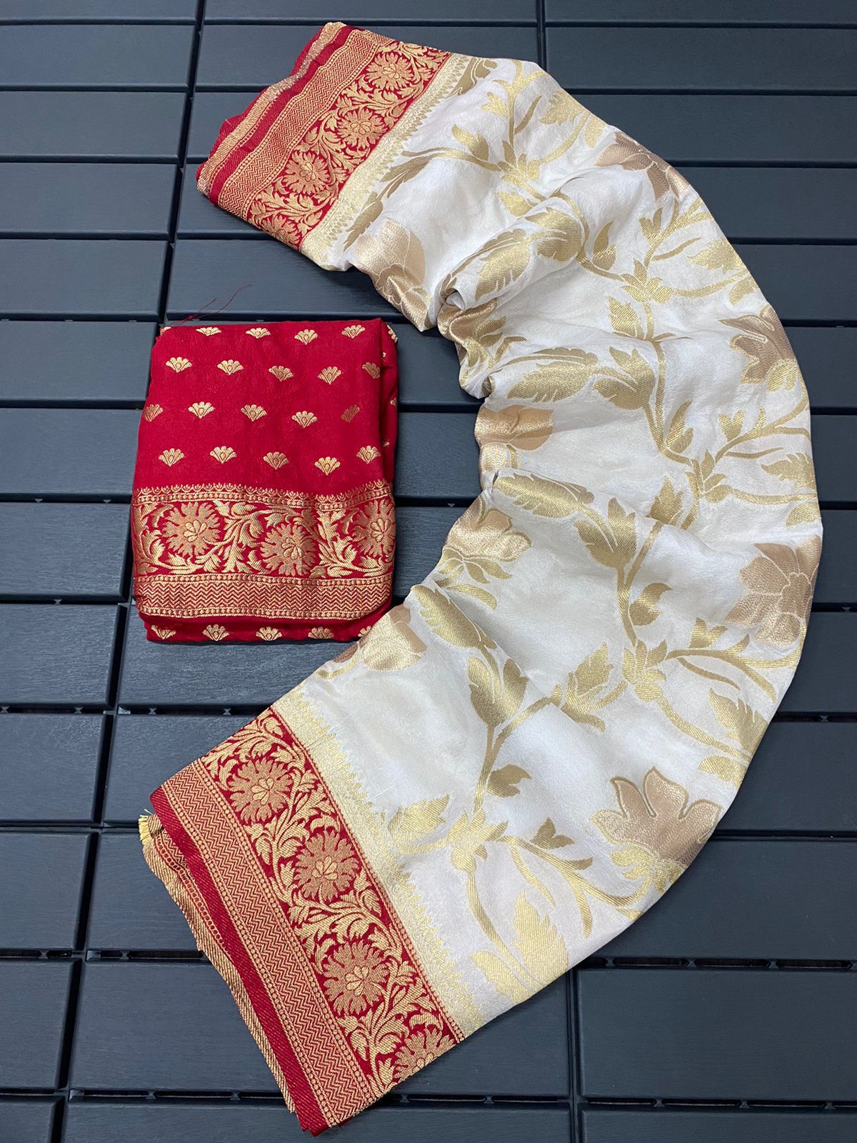 red and white Pure Khadi Silk Zari Woven Saree by women shoppee
