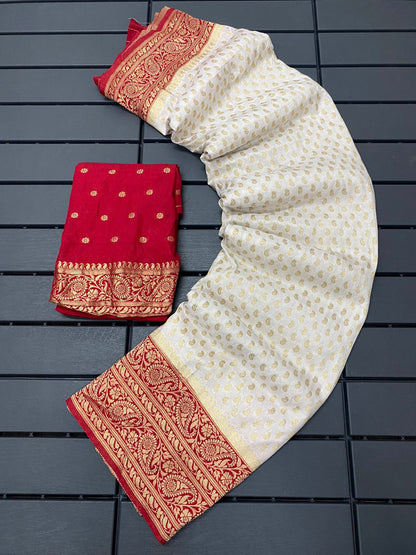 red and white Pure Khadi Silk Zari Woven Saree by women shoppee