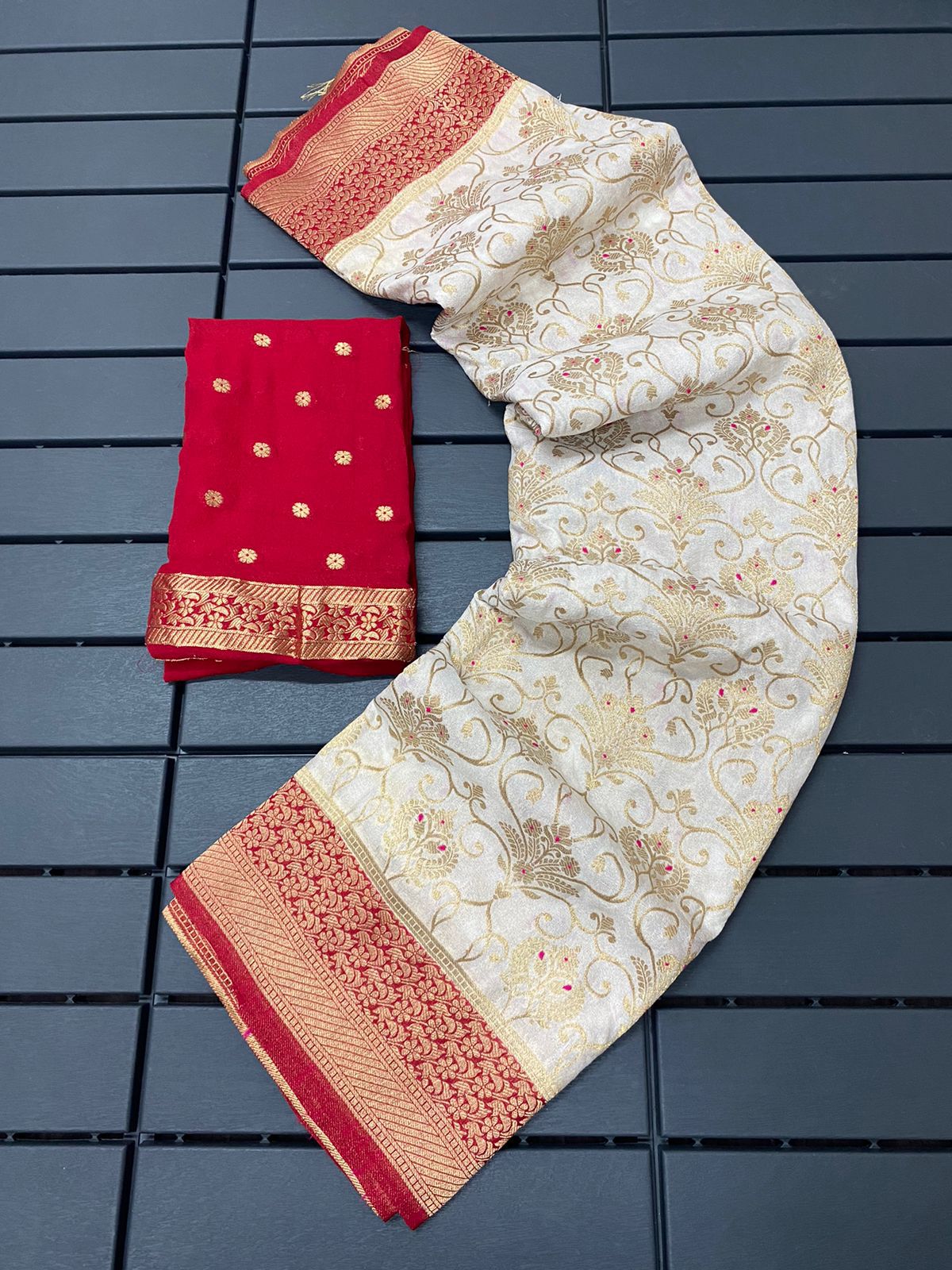 red and white Pure Khadi Silk Zari Woven Saree by women shoppee