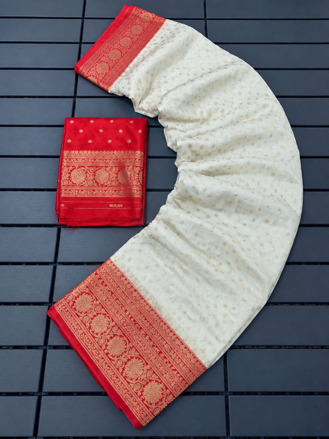 red and white Pure Khadi Silk Zari Woven Saree by women shoppee