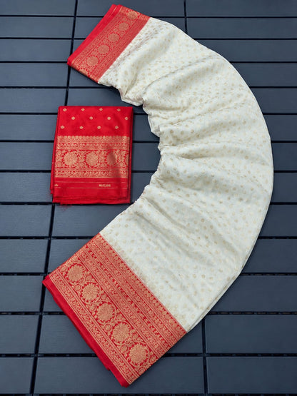 red and white Pure Khadi Silk Zari Woven Saree by women shoppee