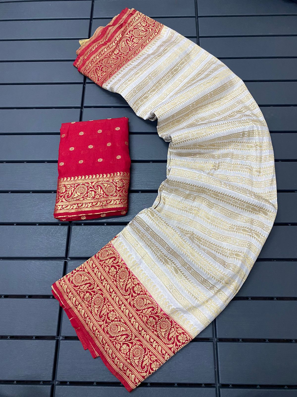 red and white Pure Khadi Silk Zari Woven Saree by women shoppee