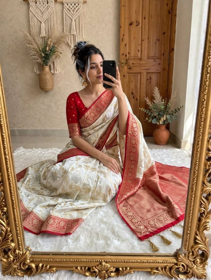red and white Pure Khadi Silk Zari Woven Saree by women shoppee