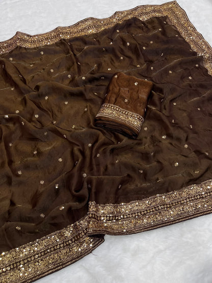 brown Soft Fandy Silk Sequins Work Saree women shoppee