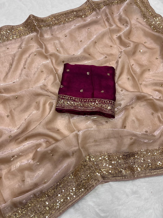 beige Soft Fandy Silk Sequins Work Saree women shoppee