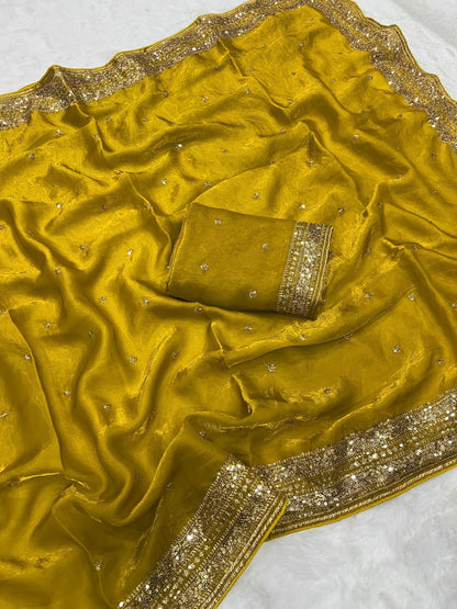 yellow Soft Fandy Silk Sequins Work Saree women shoppee