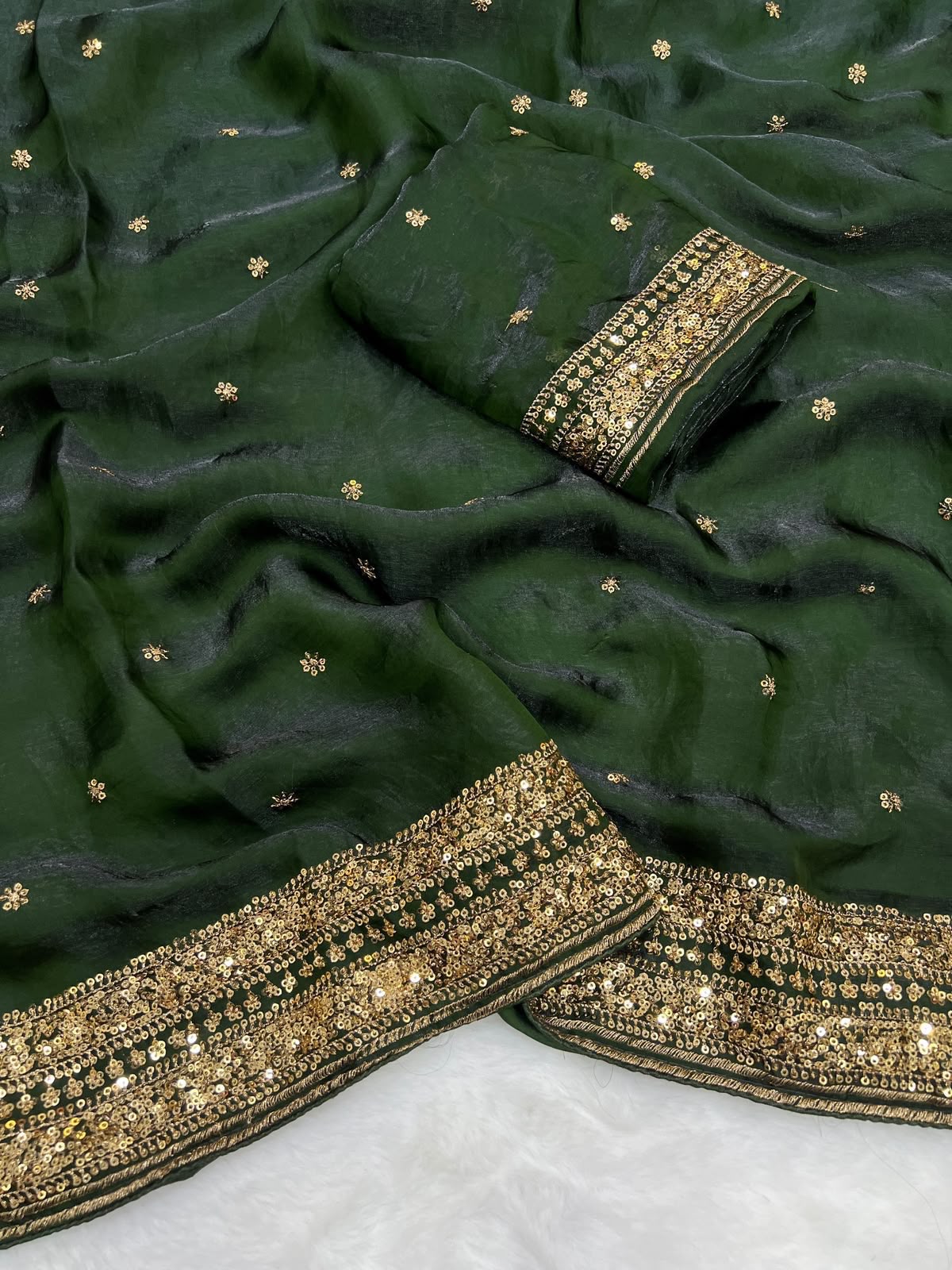 green Soft Fandy Silk Sequins Work Saree women shoppee
