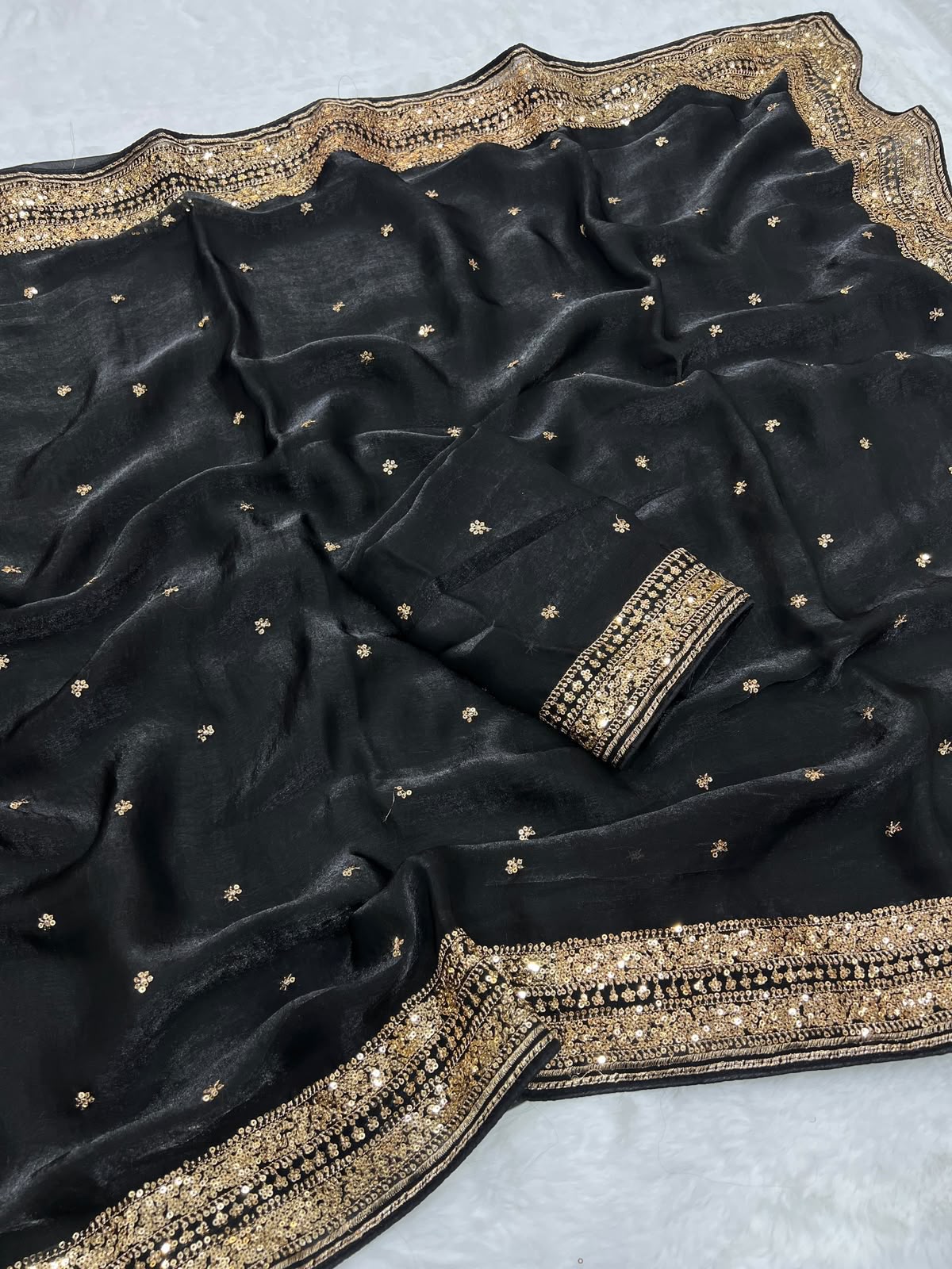 black Soft Fandy Silk Sequins Work Saree women shoppee