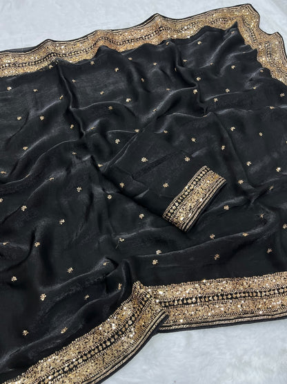 black Soft Fandy Silk Sequins Work Saree women shoppee