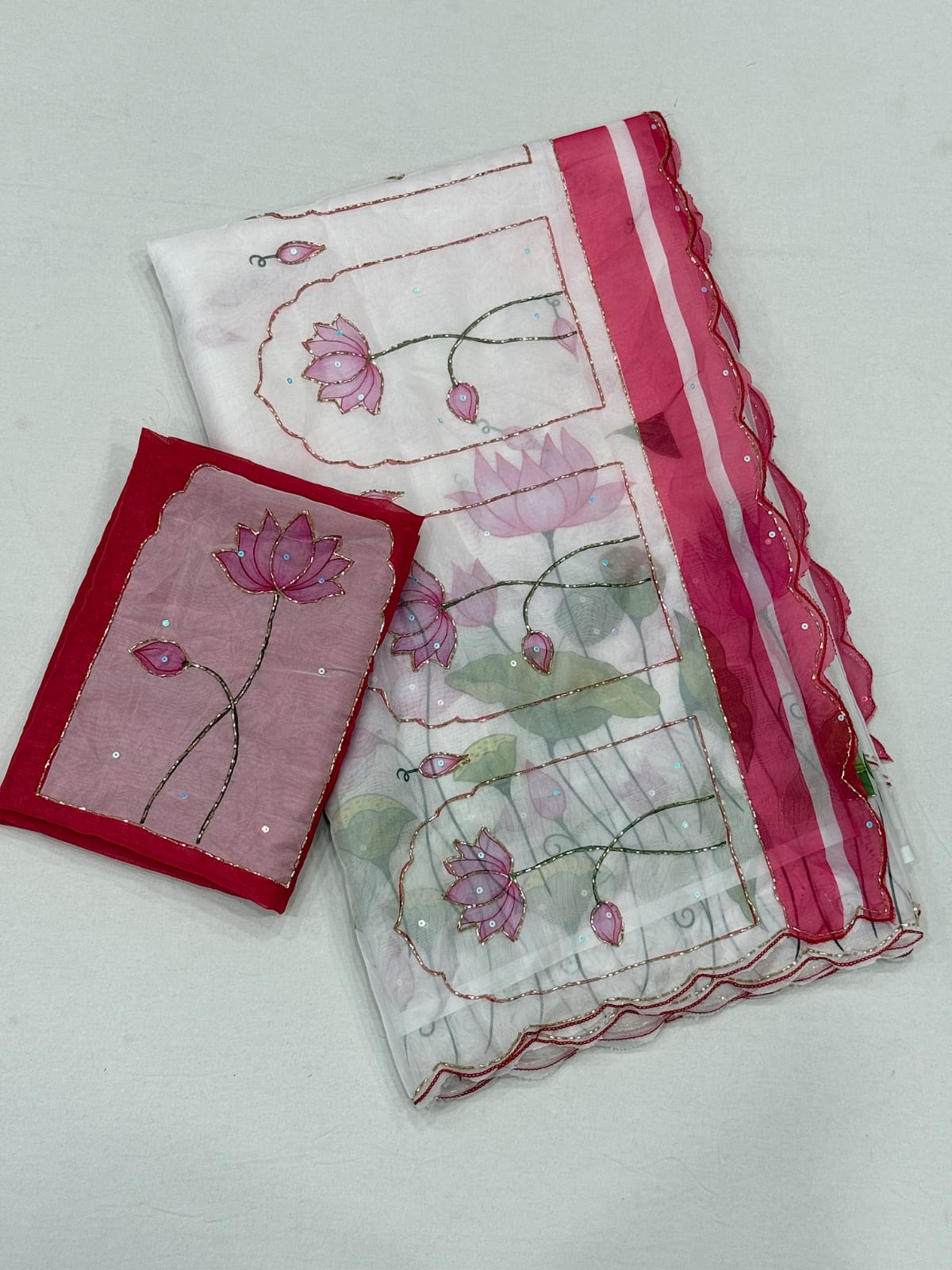 white Soft Tebby Silk Saree with Digital Floral Print & Katdana Handwork by women shoppee