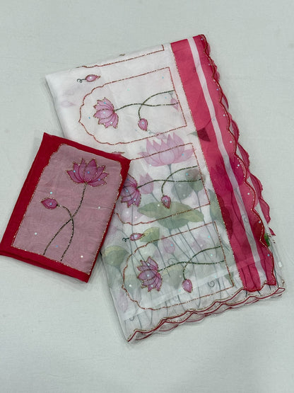 white Soft Tebby Silk Saree with Digital Floral Print & Katdana Handwork by women shoppee
