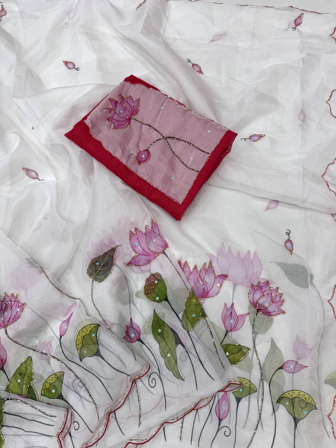 white Soft Tebby Silk Saree with Digital Floral Print & Katdana Handwork by women shoppee