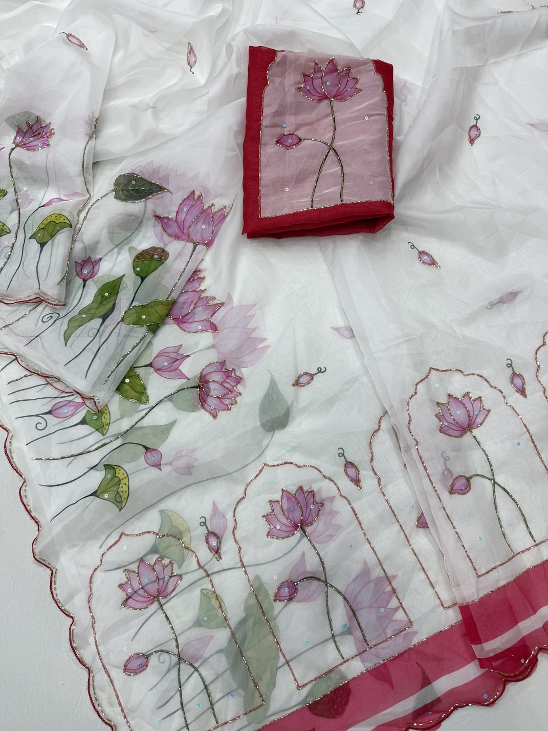 white Soft Tebby Silk Saree with Digital Floral Print & Katdana Handwork by women shoppee