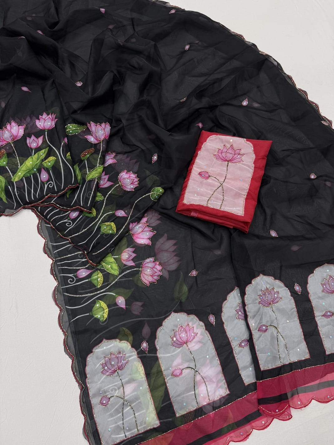 black Soft Tebby Silk Saree with Digital Floral Print & Katdana Handwork by women shoppee