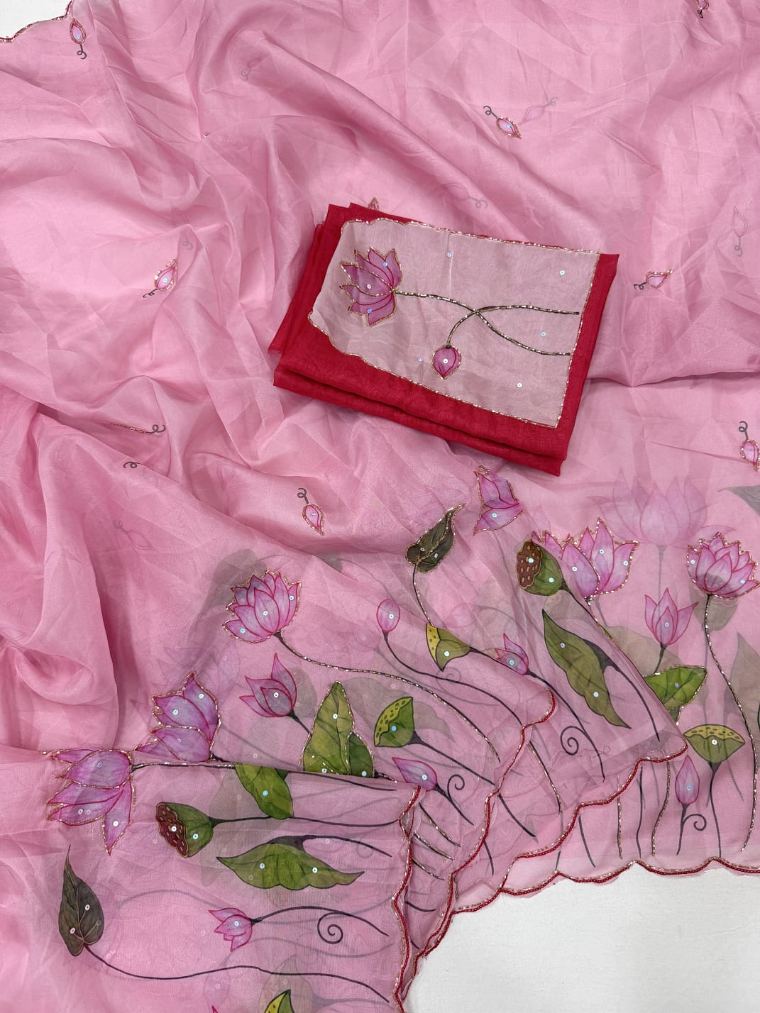 pink Soft Tebby Silk Saree with Digital Floral Print & Katdana Handwork by women shoppee