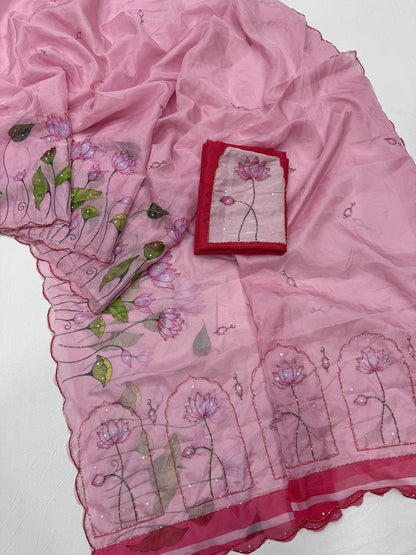 pink Soft Tebby Silk Saree with Digital Floral Print & Katdana Handwork by women shoppee
