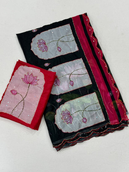 black Soft Tebby Silk Saree with Digital Floral Print & Katdana Handwork by women shoppee