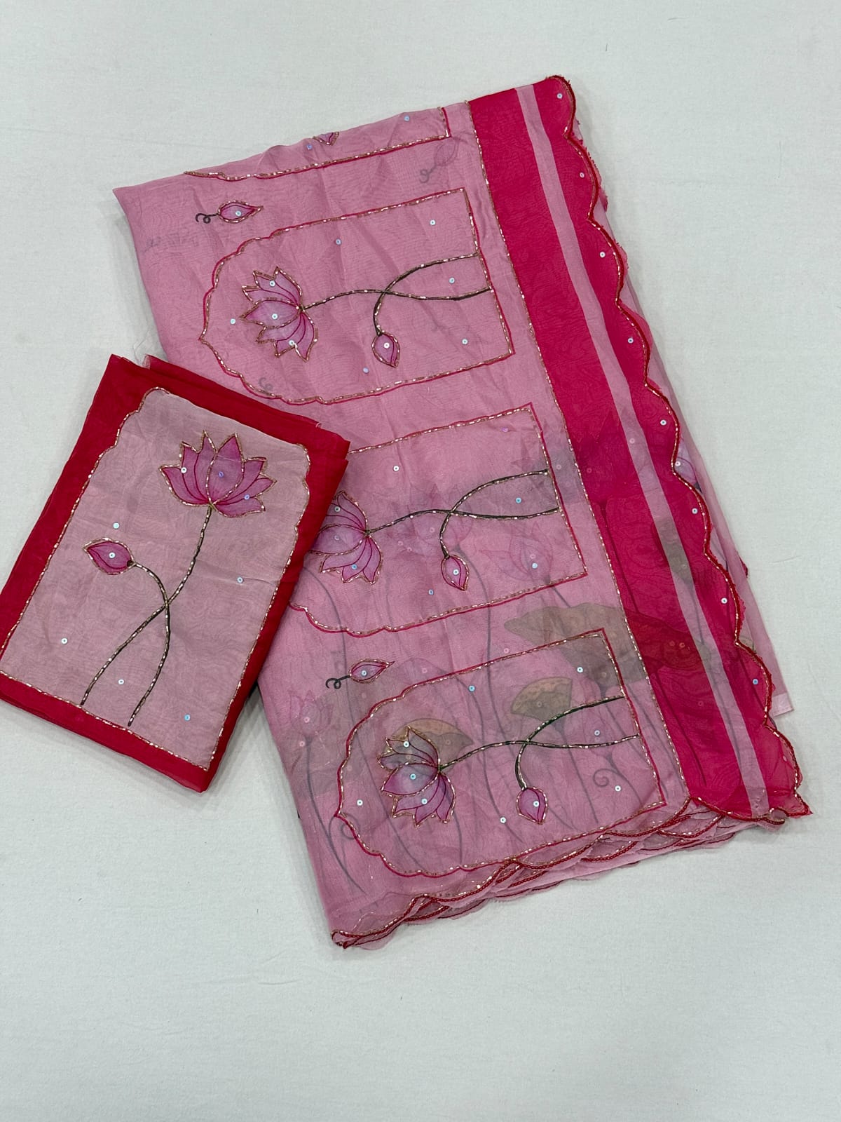 pink Soft Tebby Silk Saree with Digital Floral Print & Katdana Handwork by women shoppee