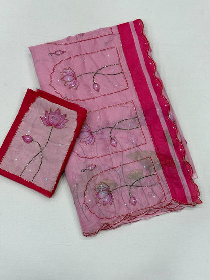 pink Soft Tebby Silk Saree with Digital Floral Print & Katdana Handwork by women shoppee