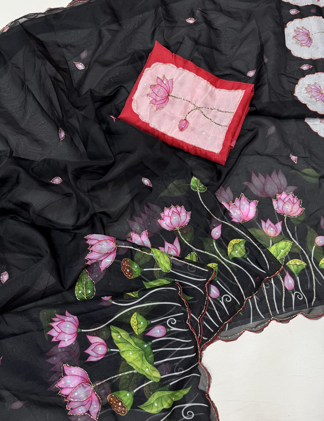 black Soft Tebby Silk Saree with Digital Floral Print & Katdana Handwork by women shoppee