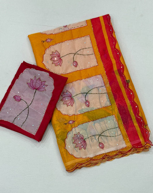yellow Soft Tebby Silk Saree with Digital Floral Print & Katdana Handwork by women shoppee
