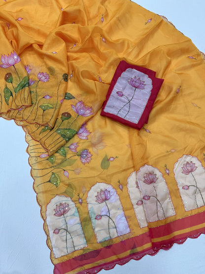 yellow Soft Tebby Silk Saree with Digital Floral Print & Katdana Handwork by women shoppee