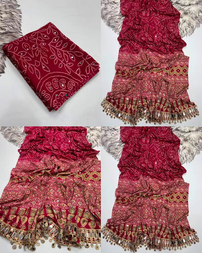 maroon  Ajrakh Print Chinon Saree with Original Mirror Work by women shoppee