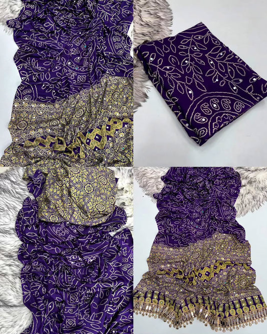 purple Pure Ajrakh Print Chinon Saree with Original Mirror Work by women shoppee
