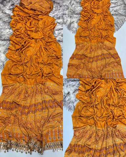 yellow  Ajrakh Print Chinon Saree with Original Mirror Work by women shoppee