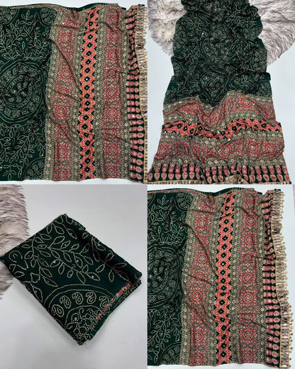 green  Ajrakh Print Chinon Saree with Original Mirror Work by women shoppee