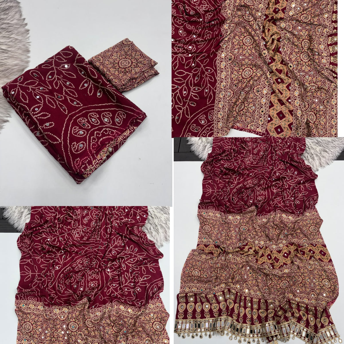 brown  Ajrakh Print Chinon Saree with Original Mirror Work by women shoppee