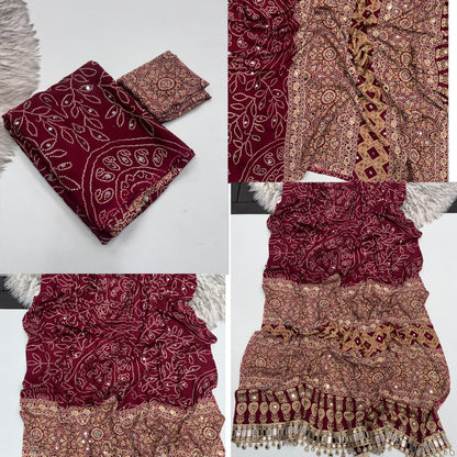brown  Ajrakh Print Chinon Saree with Original Mirror Work by women shoppee