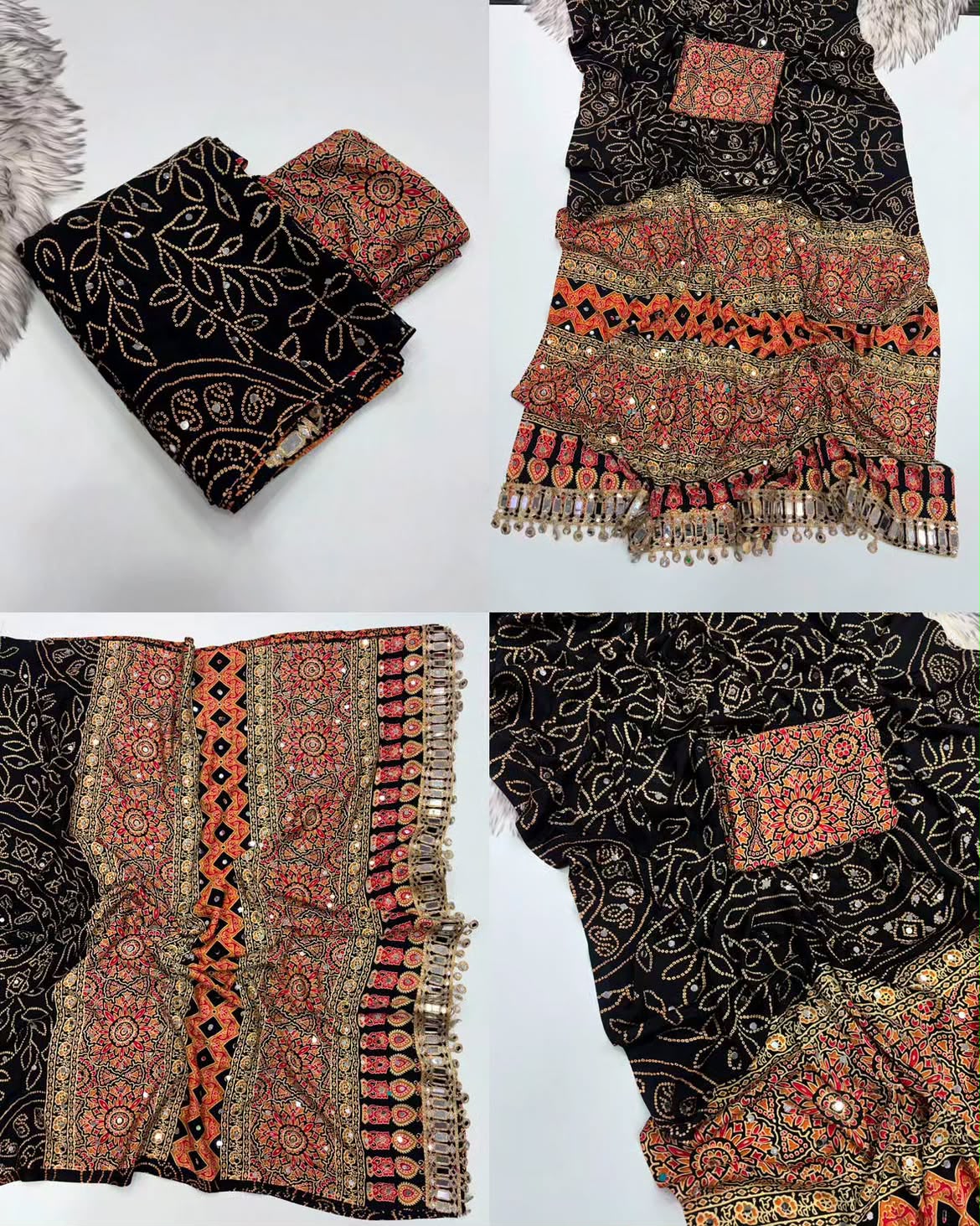 black  Ajrakh Print Chinon Saree with Original Mirror Work by women shoppee