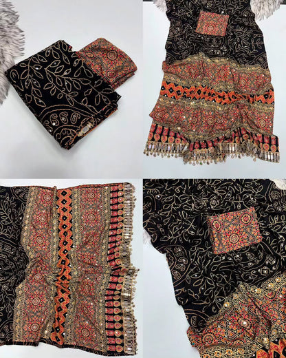 black  Ajrakh Print Chinon Saree with Original Mirror Work by women shoppee